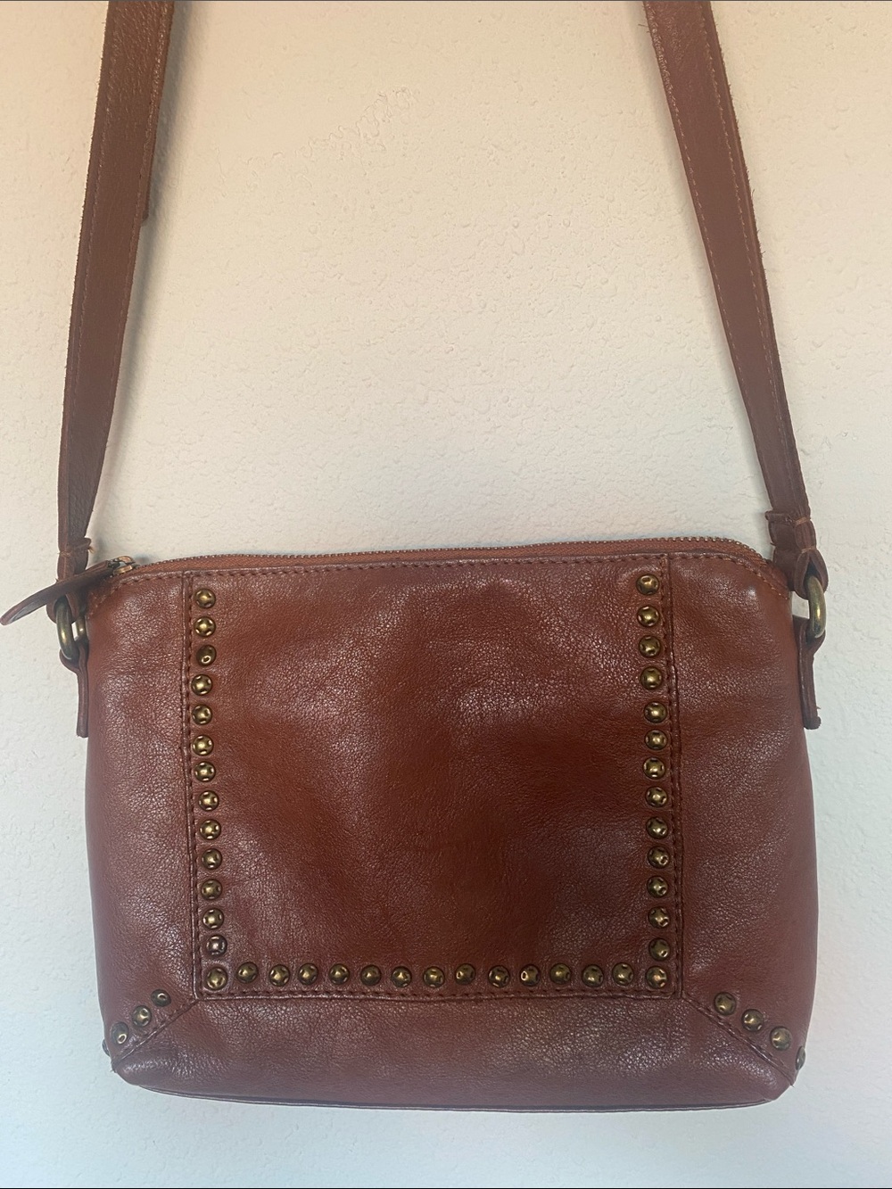 Valencia Portland Genuine Leather Studded Crossbody Bag Cognac Brown